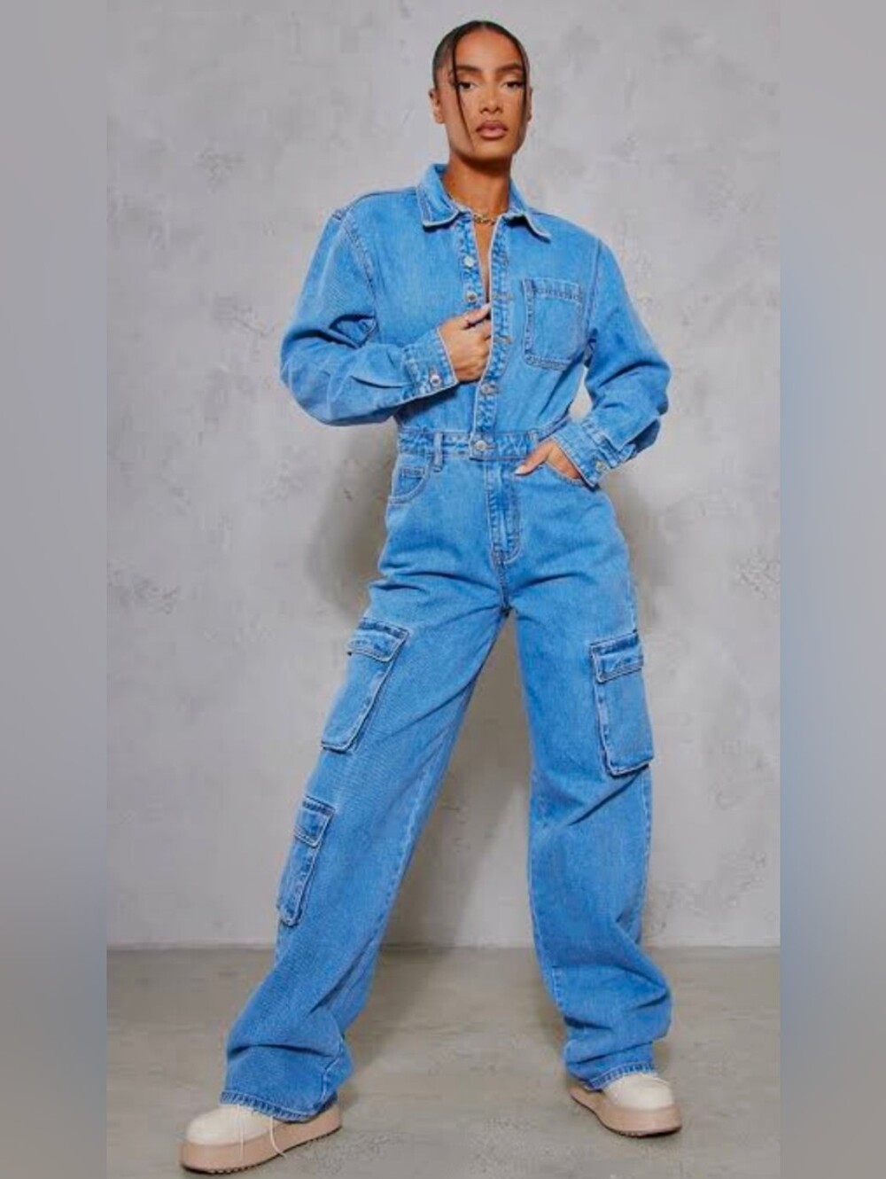 PRETTYLITTLE THING Women's Blue Denim Cargo Jumpsuit